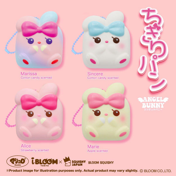 Angel Bunny Chigiri Squishies featured on a Pink, Plain Backgrond