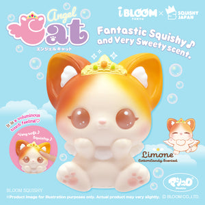 Limited Edition Limone Angel Cat Squishy with a Brownish coloring at the Top Left Ear and a Yellowish Coloring at the Top Right Ear. Her Eyes are Brown!