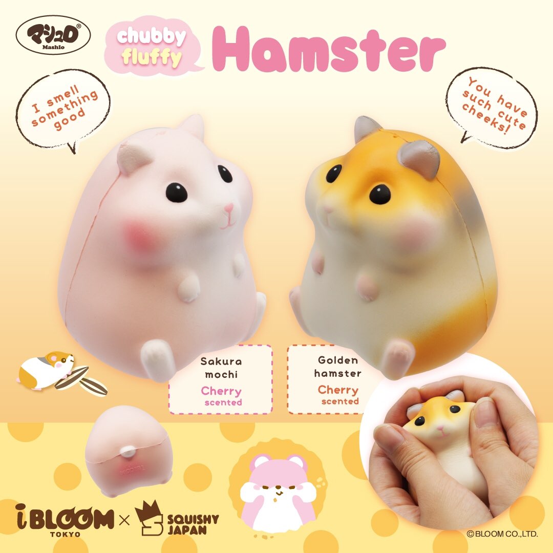 Sakura Mochi (Pink, Cherry Scented) on the left saying, "I smell something good." Golden Hamster (Right, Cherry Scented) on the right is saying, "You have such cute cheeks." Both hamster squishies are facing each other